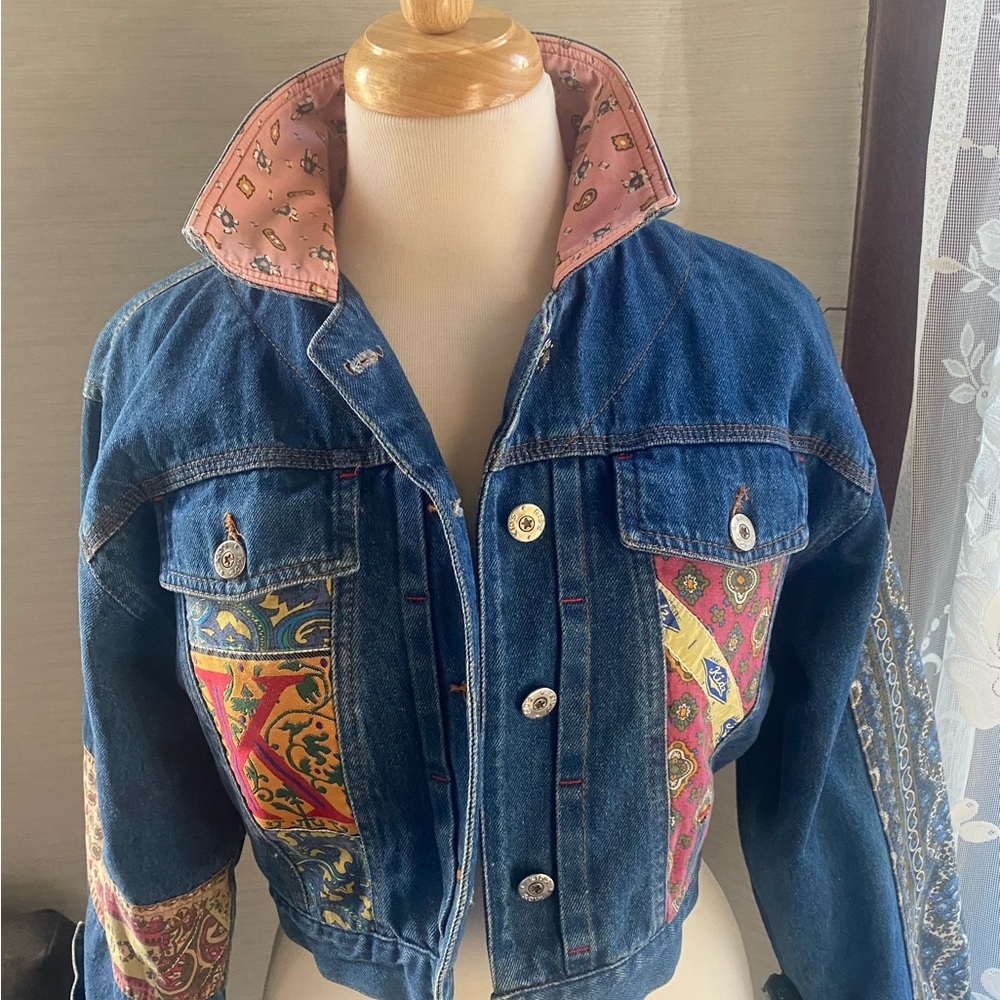 Vintage Boho Patchwork Denim Jacket with Pink Collar